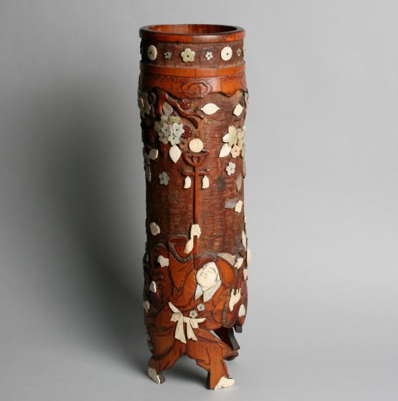 Beautifully  Carved Bamboo Vase with Ivory and MOP details