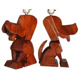 Whimisical Art Deco Carved Wood Dog  Lamps