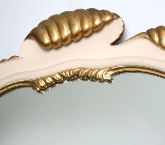 American Dorothy Draper Style Cream and Gold Gilt Carved Wood Shell Mirror For Sale