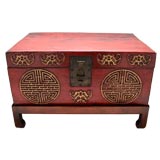 Antique Chinese Red Leather Trunk on Stand