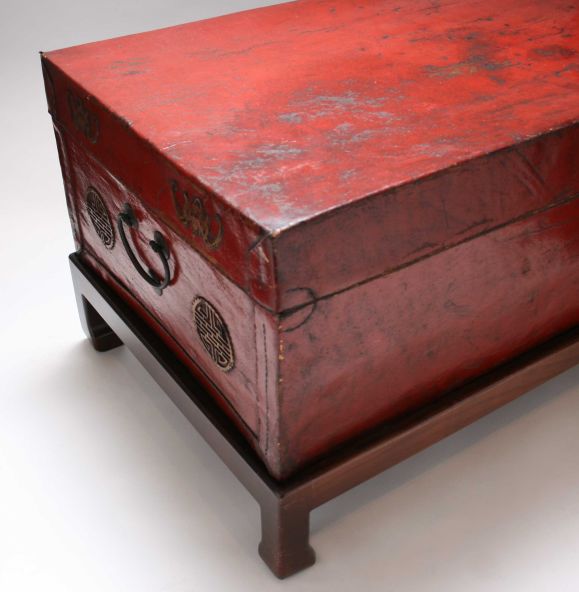 This is a handsome example of a 19th century Chinese trunk, having good red color embellished by brass accents. The signature of the maker is in the inside.