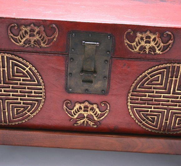 Chinese Red Leather Trunk on Stand 4