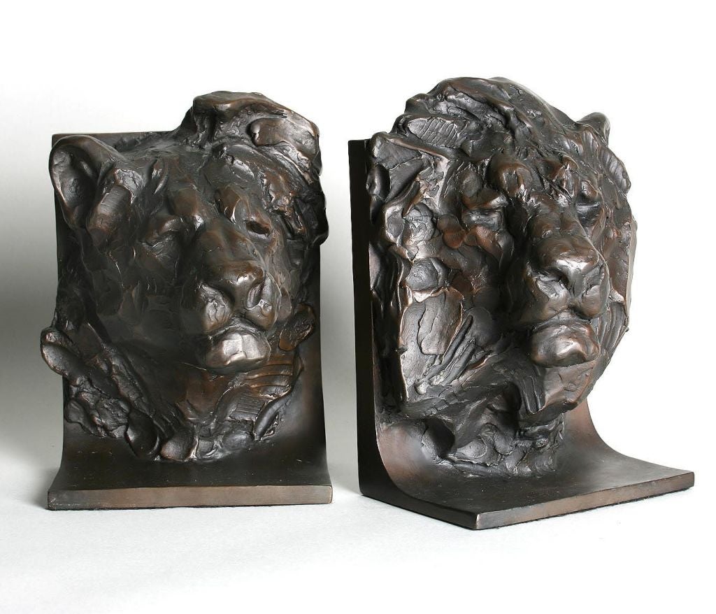 American Pair of Bronze Lion Bookends signed by Kenneth  Bunn