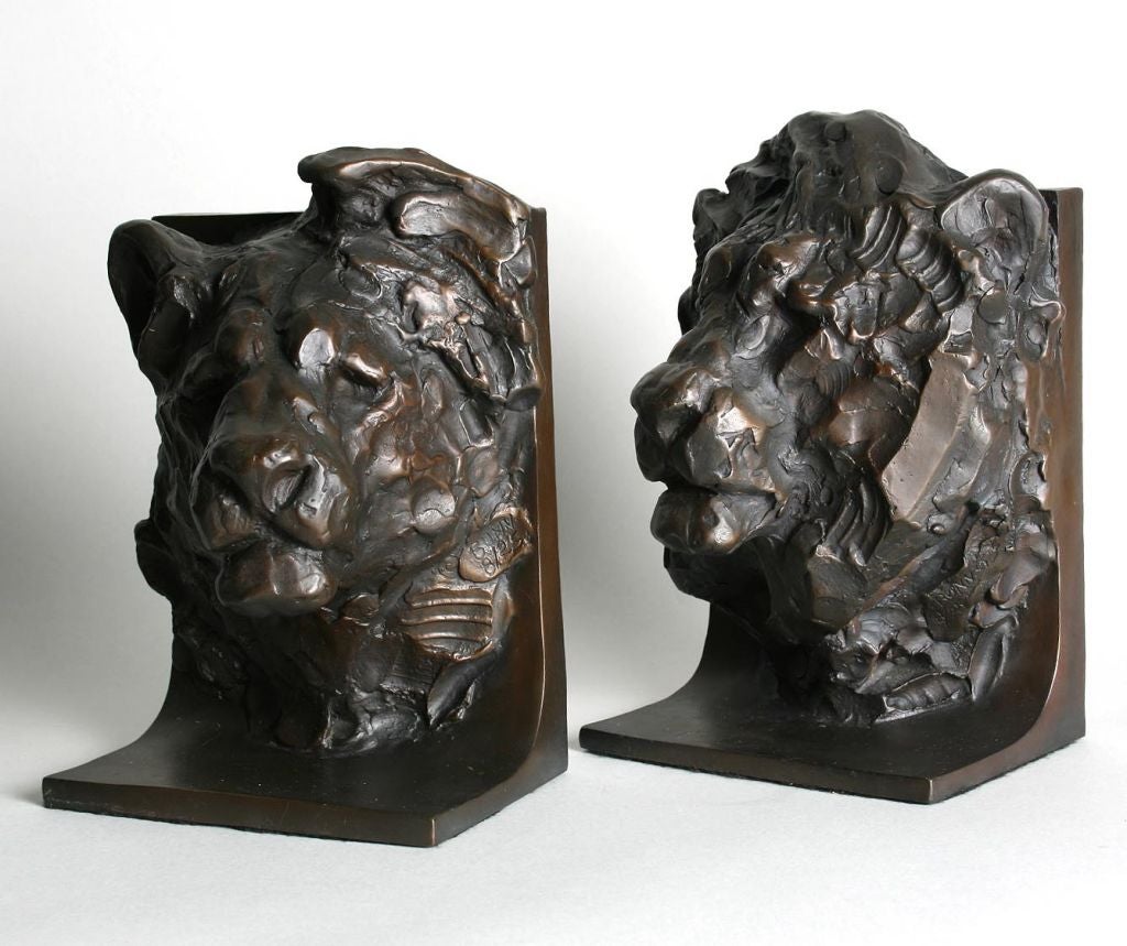 Late 20th Century Pair of Bronze Lion Bookends signed by Kenneth  Bunn