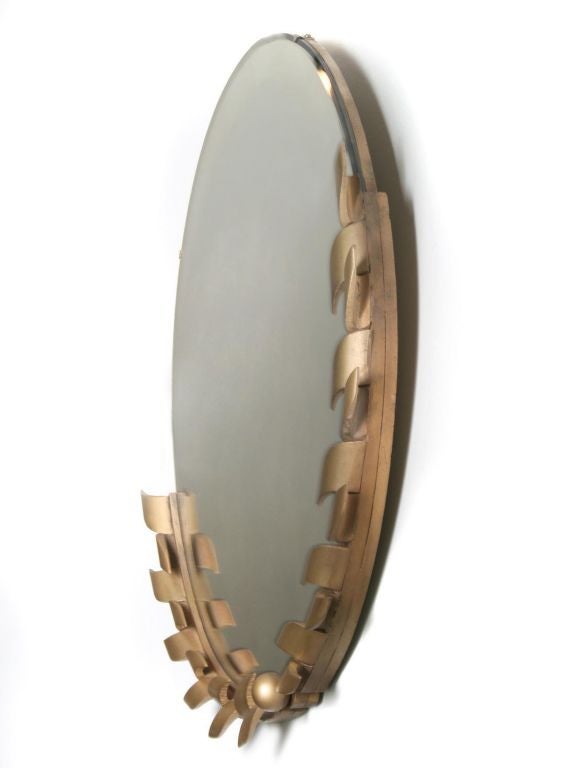 American Art Deco Circular Mirror with Stylized Leaf Motif