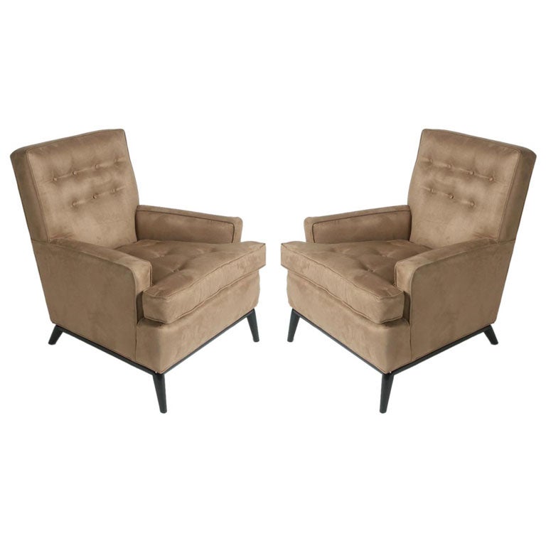 Pair of T.H. Robsjohn-Gibbings for Widdicomb High Back Club Chairs Ebonized Base