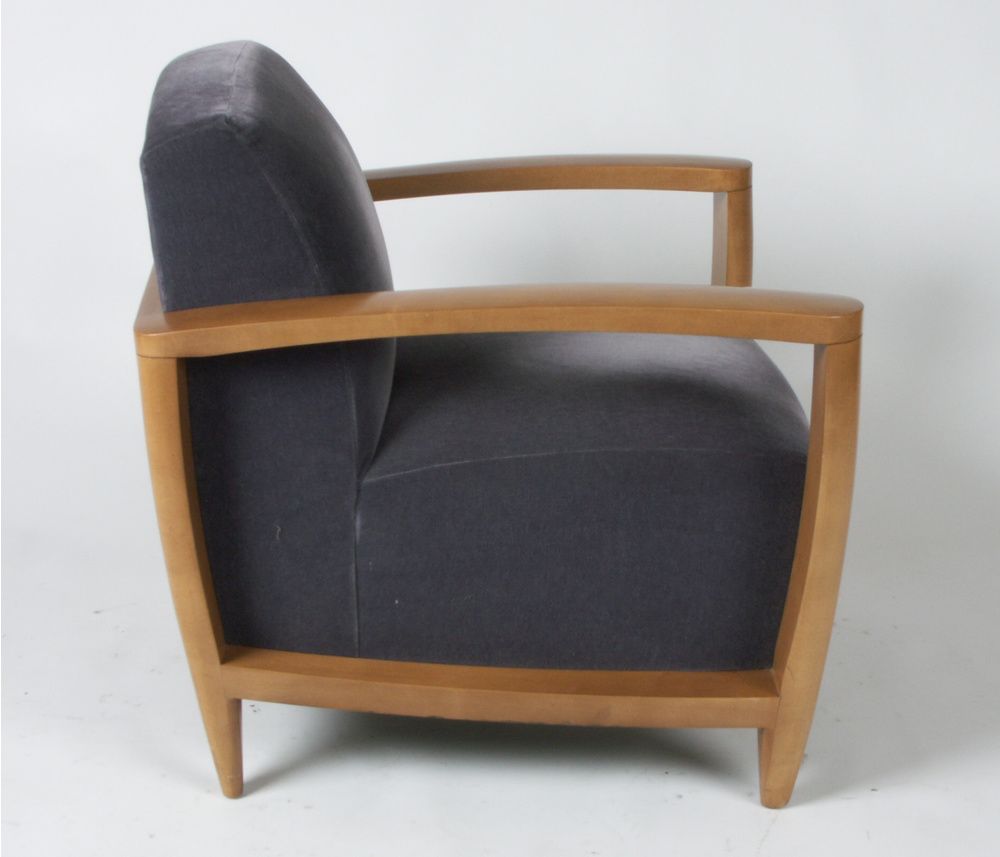 Matching pair of Andrew Gower club chairs made by David Edwards, Greyish Purple mohair with sculptural wood frames. Priced per pair, 4 chairs total available.