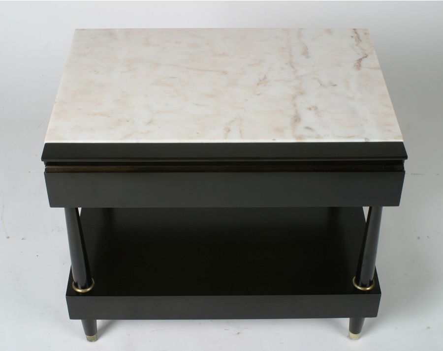 Pair of Elegant marble top end tables or nightstands, upper drawer, tapered supports with brass accents. Finished on all sides