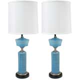 Pair of 1940s's Hollywood Regency Cerulean Blue Ceramic lamps
