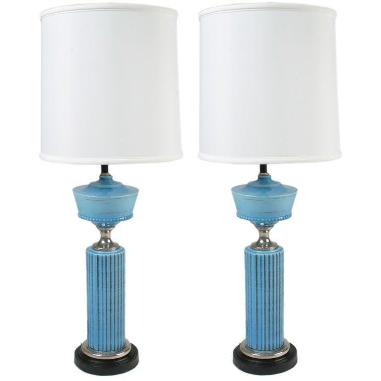 Pair of 1940s's Hollywood Regency Cerulean Blue Ceramic lamps