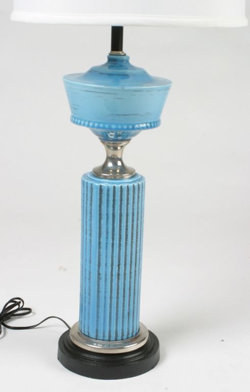 American Pair of 1940s's Hollywood Regency Cerulean Blue Ceramic lamps