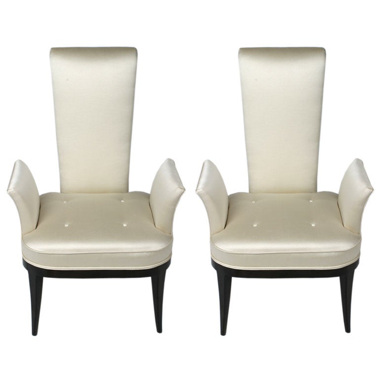 Pair of Dramatic 1940s High Back Armchairs For Sale