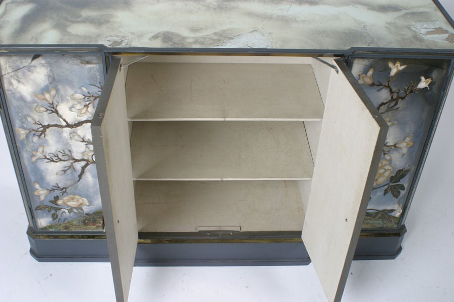 Eglomise 1940s sideboard with Stylized Asian garden design