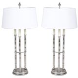 Pair of Tall Nickel faux bamboo lamps