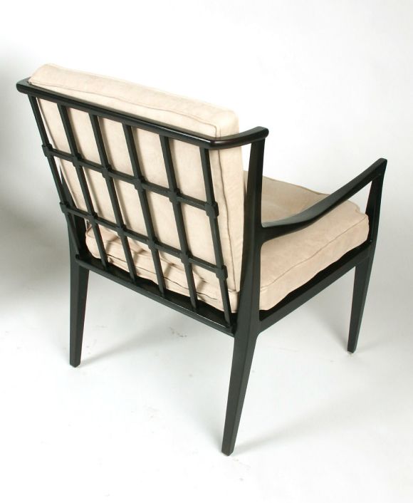 Par of Baker arm chairs designed by Winsor White, Open gridwork backs in dark brown finished walnut with upholstered cushions in ultra suede. Sale price is NET