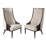 Retro Pair of tall barrel back lounge chairs with cane details