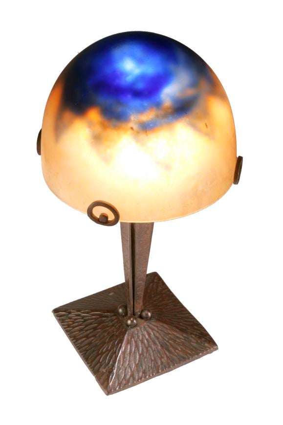 Wrought Iron FER FORGE LAMP WITH ART GLASS MADE BY DAUM NENCY