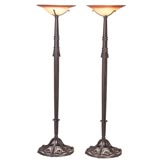 FRENCH PAIR OF FER FORGE TORCHIERES WITH ART GLASS SHADES