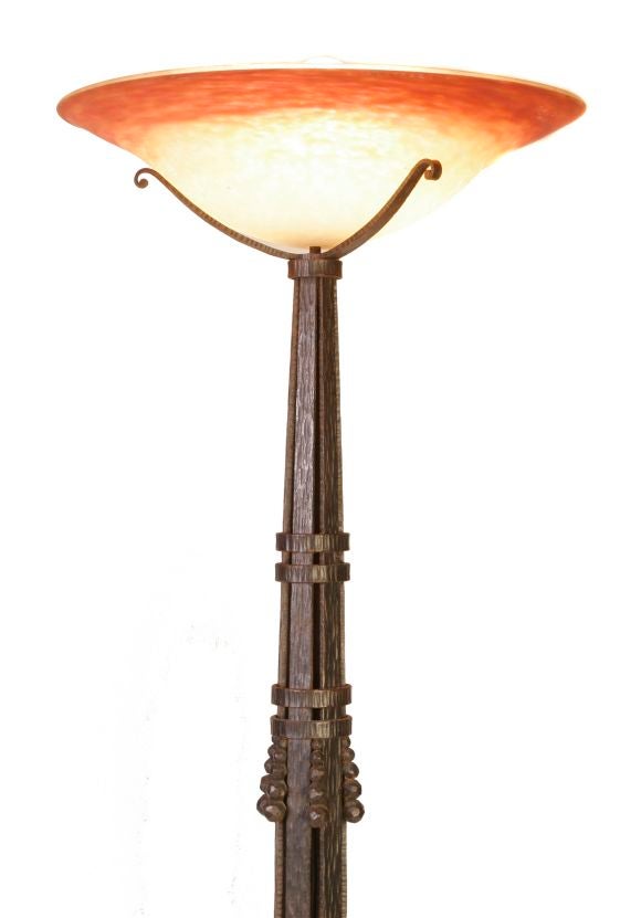 FRENCH PAIR OF FER FORGE TORCHIERES WITH ART GLASS SHADES
