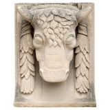 CARVED LIMESTONE BULL HEAD WITH GARLAND