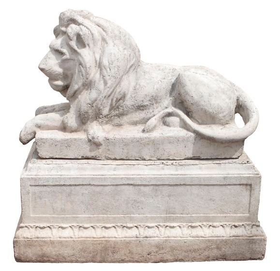 Mid-20th Century PAIR OF CAST STONE LIONS ON PLINTHS