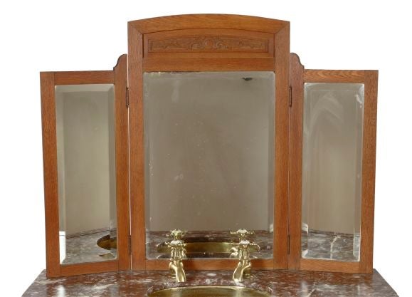 Uruguayan OAK, MARBLE, BRASS VANITY WITH SINK AND MIRROR