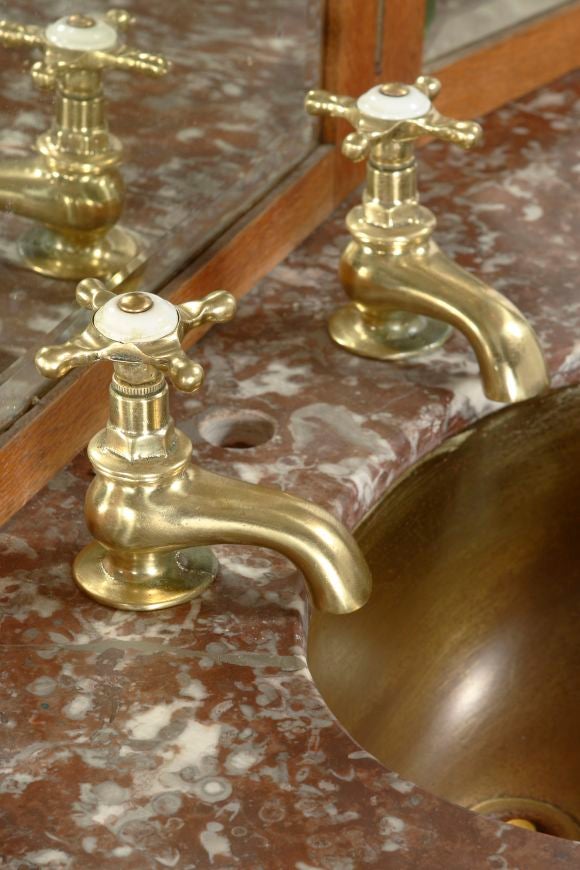 20th Century OAK, MARBLE, BRASS VANITY WITH SINK AND MIRROR