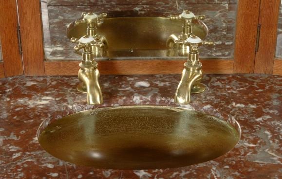 OAK, MARBLE, BRASS VANITY WITH SINK AND MIRROR 2
