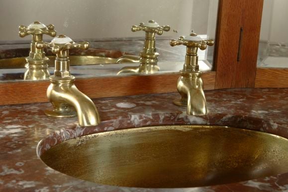 OAK, MARBLE, BRASS VANITY WITH SINK AND MIRROR 3