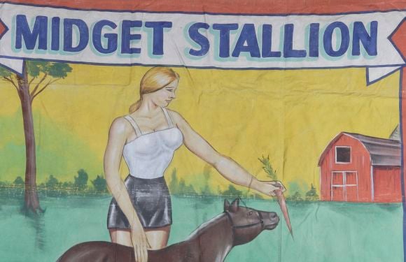 Circus banner circa 1970's, signed by J. Sigler. Acrylic paint on canvas.