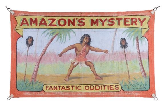 A two-sided circus banner, circa 1970, signed by Gary Hern. Acrylic paint on canvas.