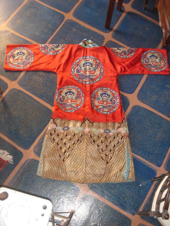 Chinese Court Robe with hand embroidery of gold thread, waves at bottom, medallions of dragons, silk robe