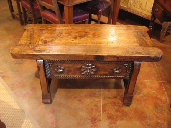 Cobblers bench enhanced to make attractive coffee table. Beautiful patina.