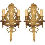 Pair 19th c. French Empire bronze two-lite sconces