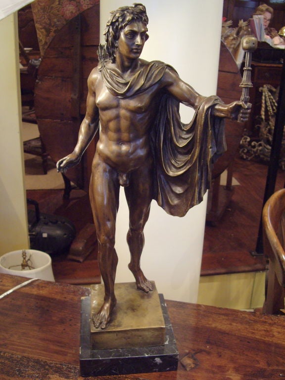 Italian bronze statue of classical male nude on marble base