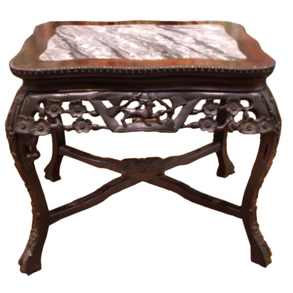 Teak Wood Chinese Carving  Table with Inlaid Marble Top For Sale