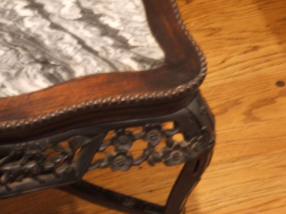 French Teak Wood Chinese Carving  Table with Inlaid Marble Top For Sale