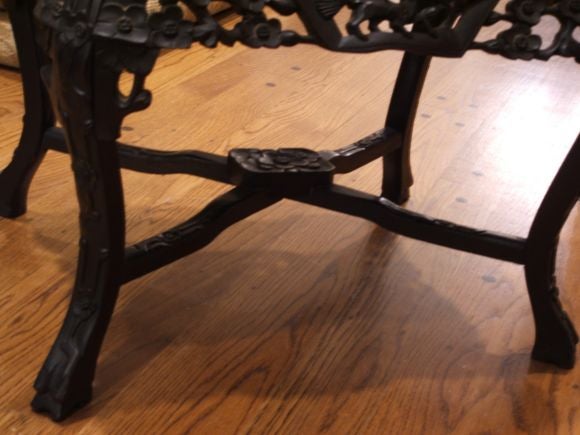 Teak Wood Chinese Carving  Table with Inlaid Marble Top In Excellent Condition For Sale In Birmingham, AL