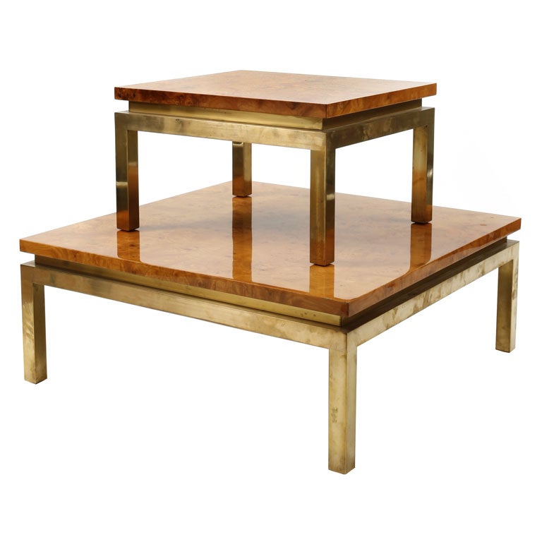 Pair of birds eye maple and brass tables
