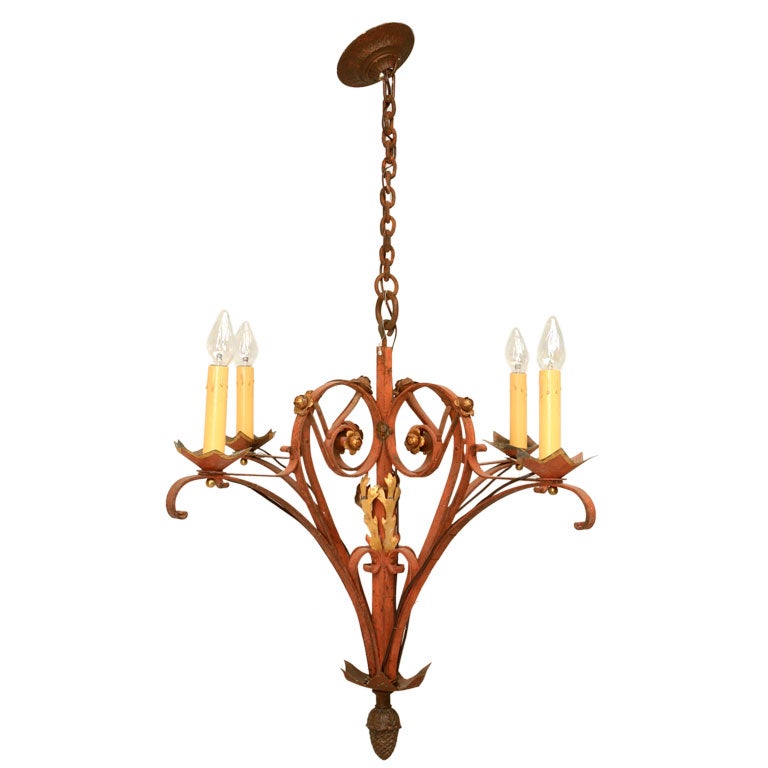 French 1940s Handwrought Iron 4-Light Chandelier