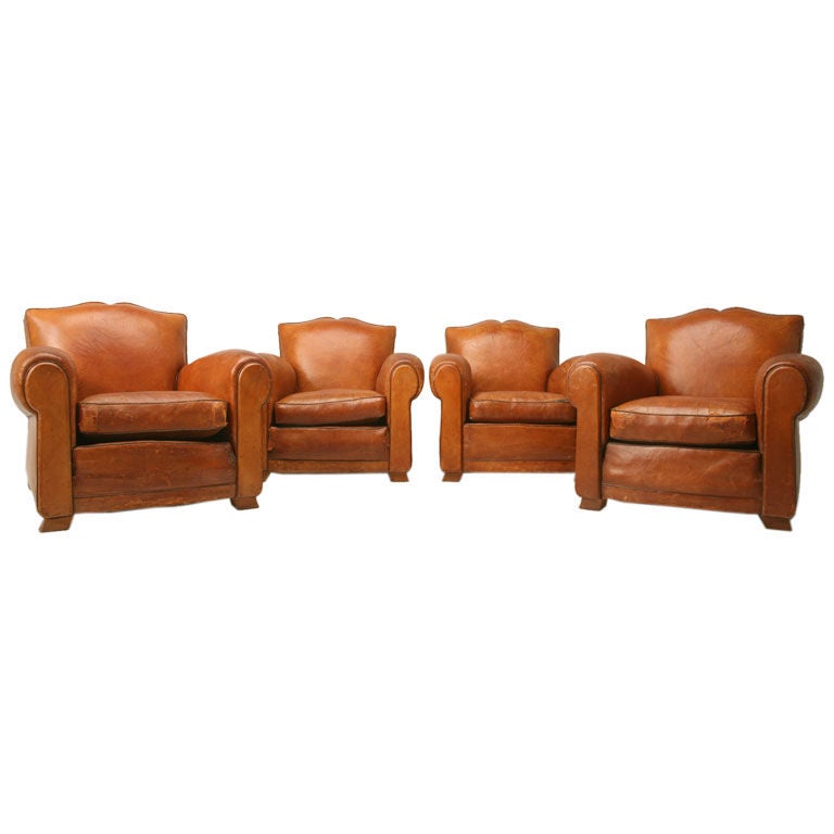c.1930 Suite of 4 French Leather Mustache Back Club Chairs