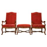 Antique c.1830 French Louis XV Style Hand-Carved Armchairs & Ottoman