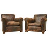Vintage c.1930 Pair of Chocolate French Club Chairs