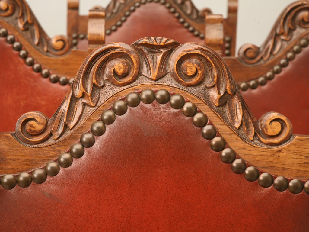 c.1930 Set of 6 Hand-Carved Spanish Oak & Leather Dining Chairs