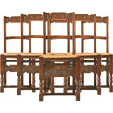 c.1890 Set of 6 Spanish Hand-Carved Oak Dining Chairs