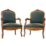 c.1880 Pair of French Louis XV Style Walnut & Mohair Fauteuils