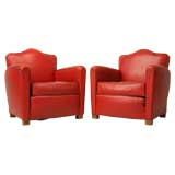 Pair of French 40's Red Leather Club Chairs