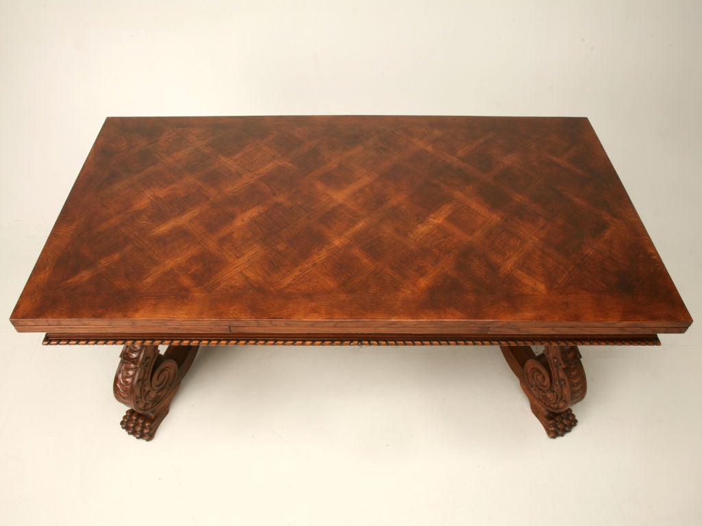 c.1930 Spanish Solid Oak Draw Leaf Dining Table w/ Parquet Top