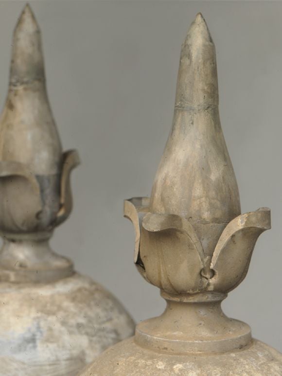 Antique zinc roof-top architectural sphere-form finials. In the 18th century, zinc became a popular roofing material in Belgium and France. Throughout the 18th and 19th centuries, zinc was also molded into other architectural forms, including roof