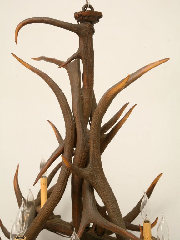 Breathtaking French genuine antler 9-light chandelier. This is a special one of a kind fixture. Amazing hung in a rustic cabin or lodge, or happily hung over one's rustic farmhouse dining table, this is as good as it gets. The scale is perfectly